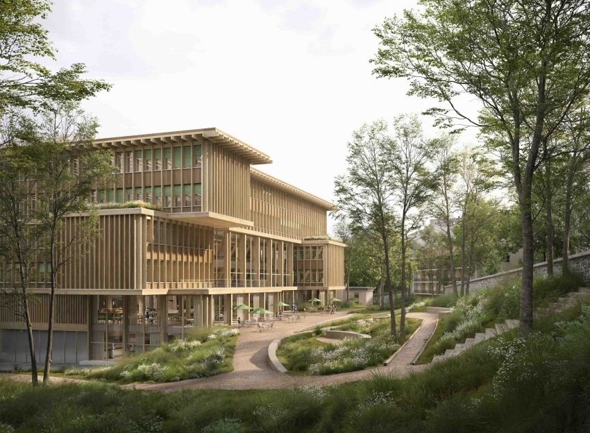 Die Parkanlage und begr&uuml;nten Terrassen sind Orte zum Verweilen. Sie laden zum Verweilen und sich Austauschen. Visualisierung: Graber Pulver / Filippo Bolognese